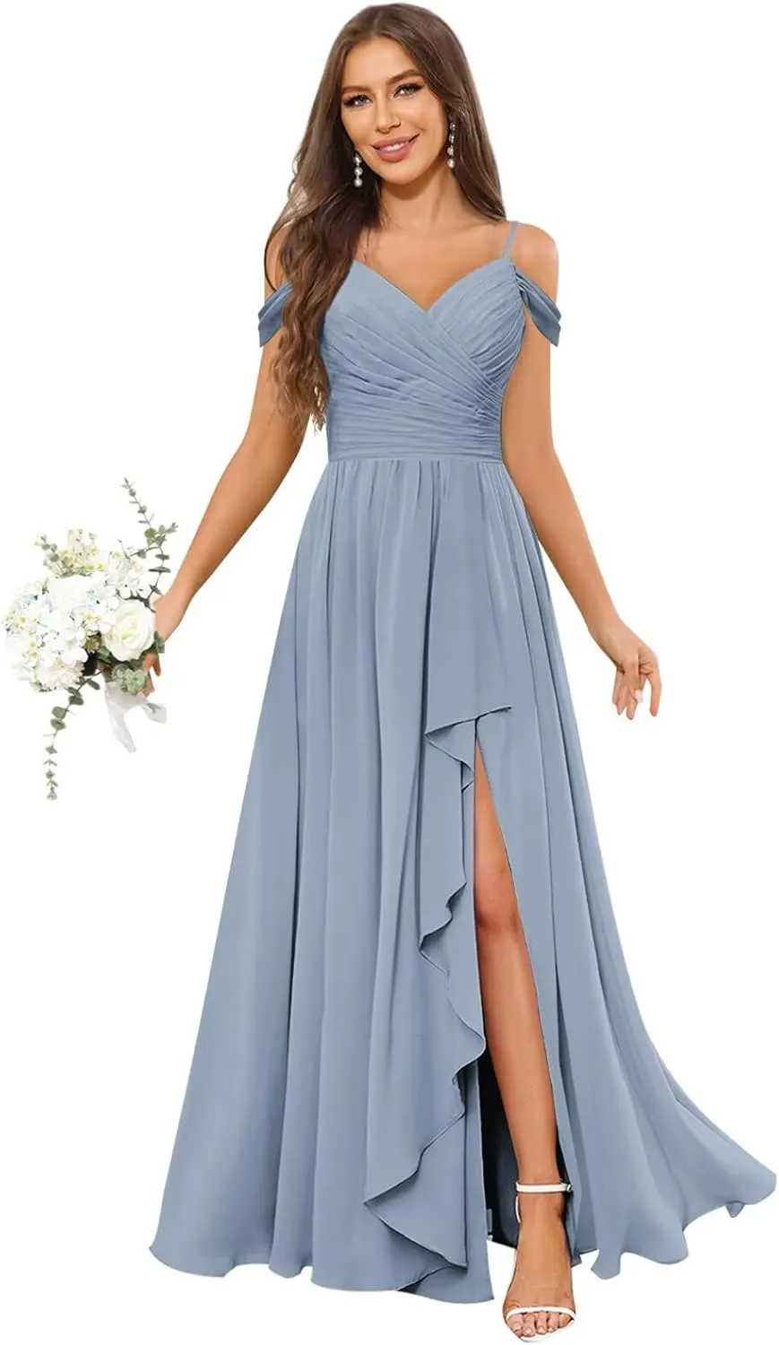 OFEECHUN Women's Off The Shoulder Long Bridesmaid Dresses for Wedding Chiffon Ruched Formal Evening Gowns with Slit