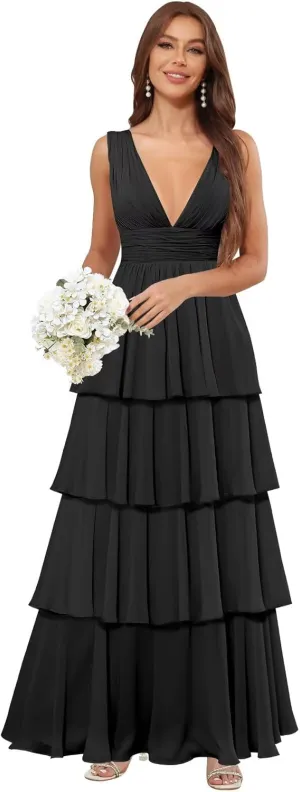 OFEYCHUN Ruffle Bridesmaid Dresses Tiered Prom Dresses 2025 Long Chiffon V Neck Formal Dress