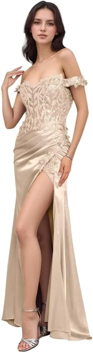Off Shoulder Mermaid Prom Dresses for Women 2025 Satin Lace Appliques Beaded Sequins Formal Evening Party Gowns with Slit