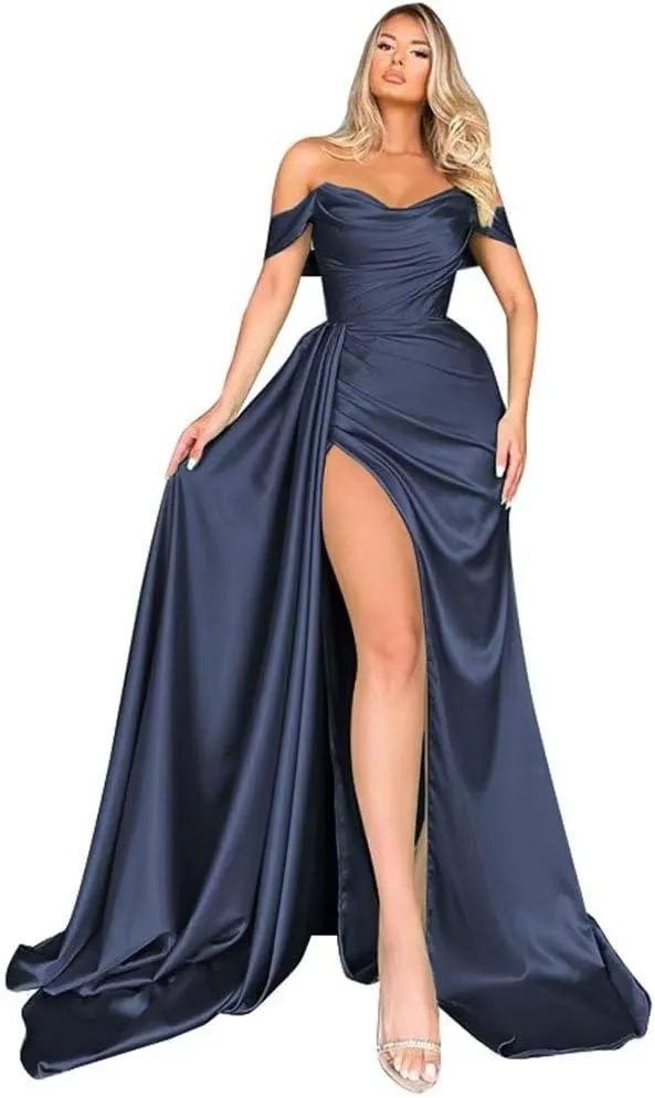 Off Shoulder Satin Bridesmaid Dresses Mermaid Wedding Dress Ruched Satin Prom Dresses Long for Women with Cape