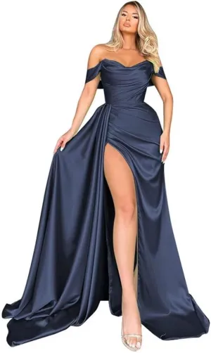 Off Shoulder Satin Bridesmaid Dresses Mermaid Wedding Dress Ruched Satin Prom Dresses Long for Women with Cape