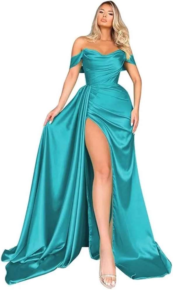 Off Shoulder Satin Bridesmaid Dresses Mermaid Wedding Dress Ruched Satin Prom Dresses Long for Women with Cape