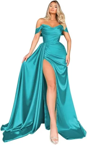 Off Shoulder Satin Bridesmaid Dresses Mermaid Wedding Dress Ruched Satin Prom Dresses Long for Women with Cape