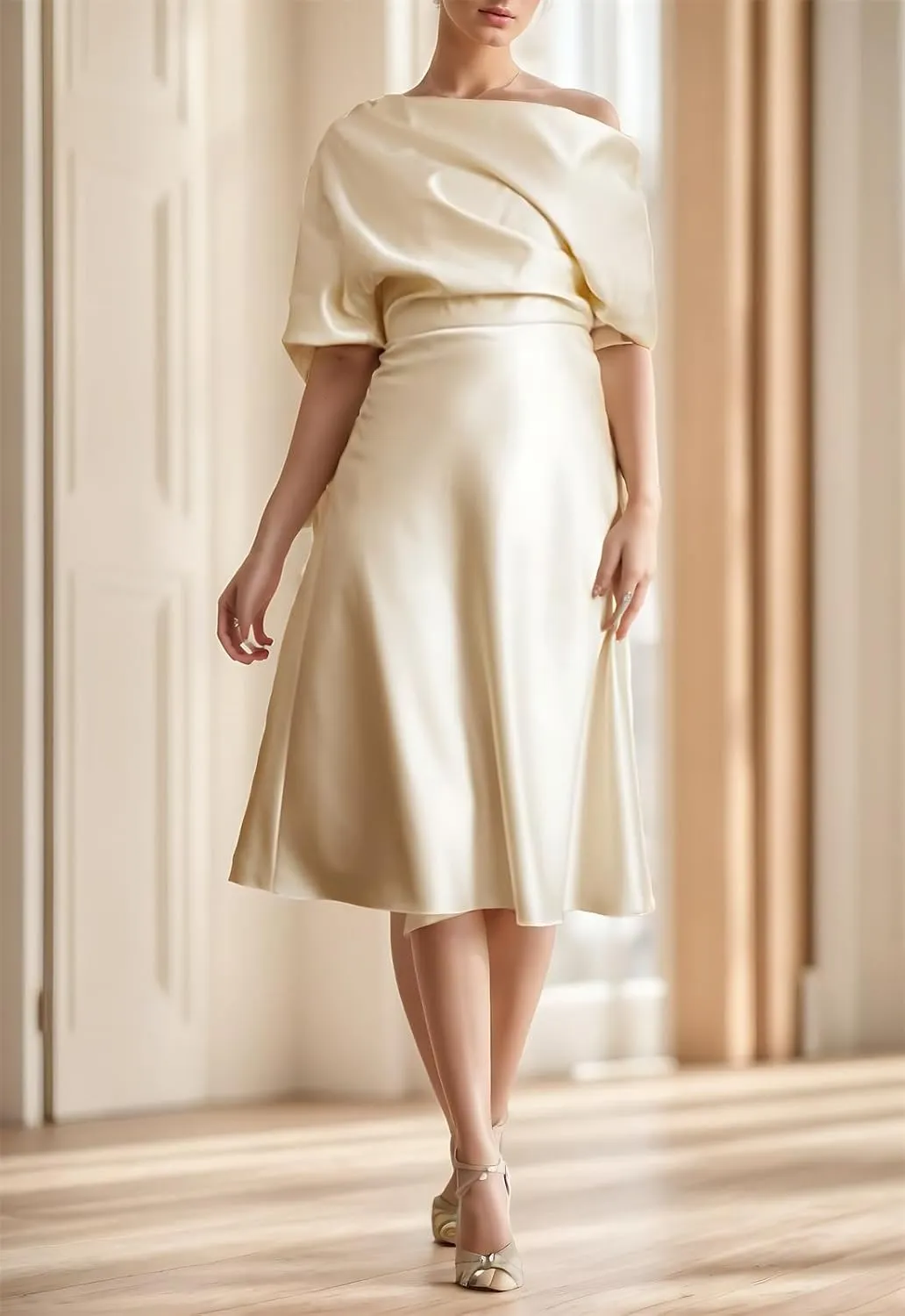 Off Shoulder Satin Mother of The Bride Dresses for Wedding Tea Length Mother of The Groom Formal Evening Gowns