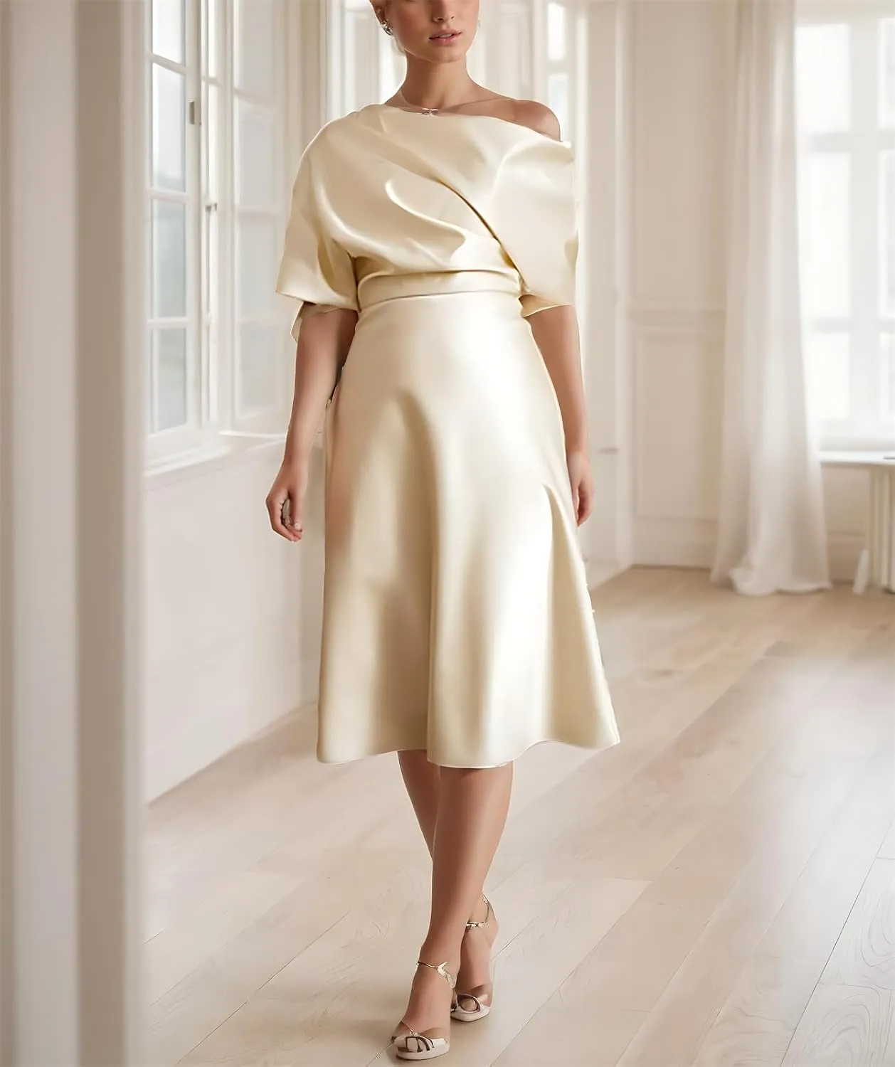Off Shoulder Satin Mother of The Bride Dresses for Wedding Tea Length Mother of The Groom Formal Evening Gowns