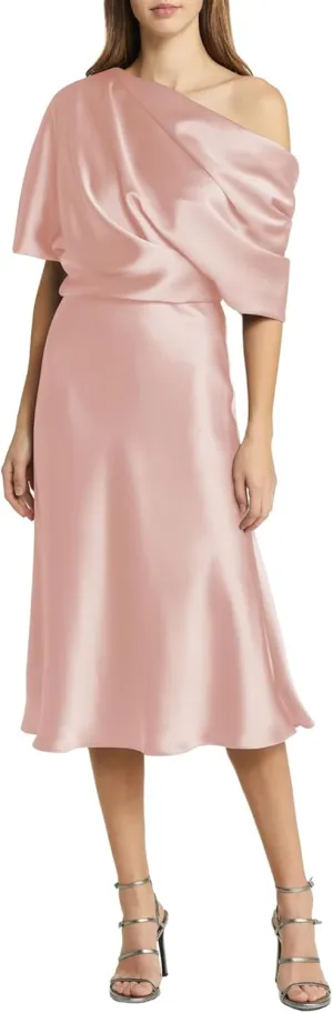 Off Shoulder Satin Mother of The Bride Dresses for Wedding Tea Length Mother of The Groom Formal Evening Gowns