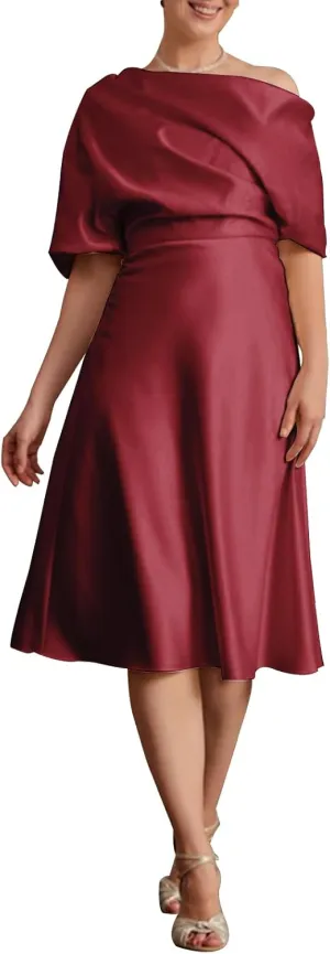 Off Shoulder Satin Mother of The Bride Dresses for Wedding Tea Length Mother of The Groom Formal Evening Gowns