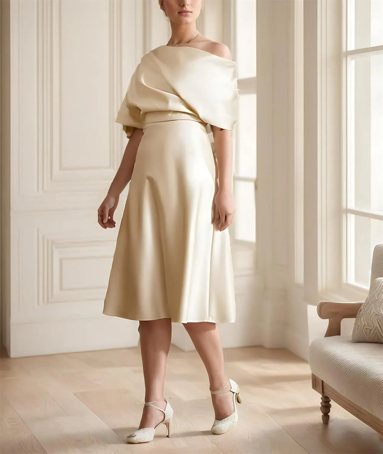 Off Shoulder Satin Mother of The Bride Dresses for Wedding Tea Length Mother of The Groom Formal Evening Gowns