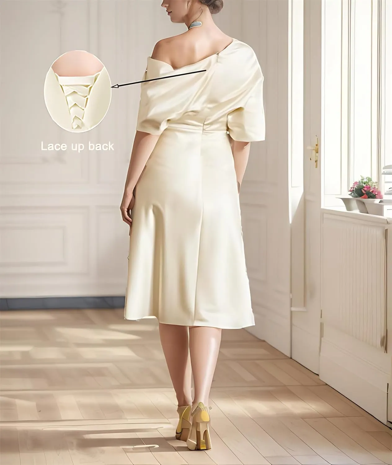 Off Shoulder Satin Mother of The Bride Dresses for Wedding Tea Length Mother of The Groom Formal Evening Gowns