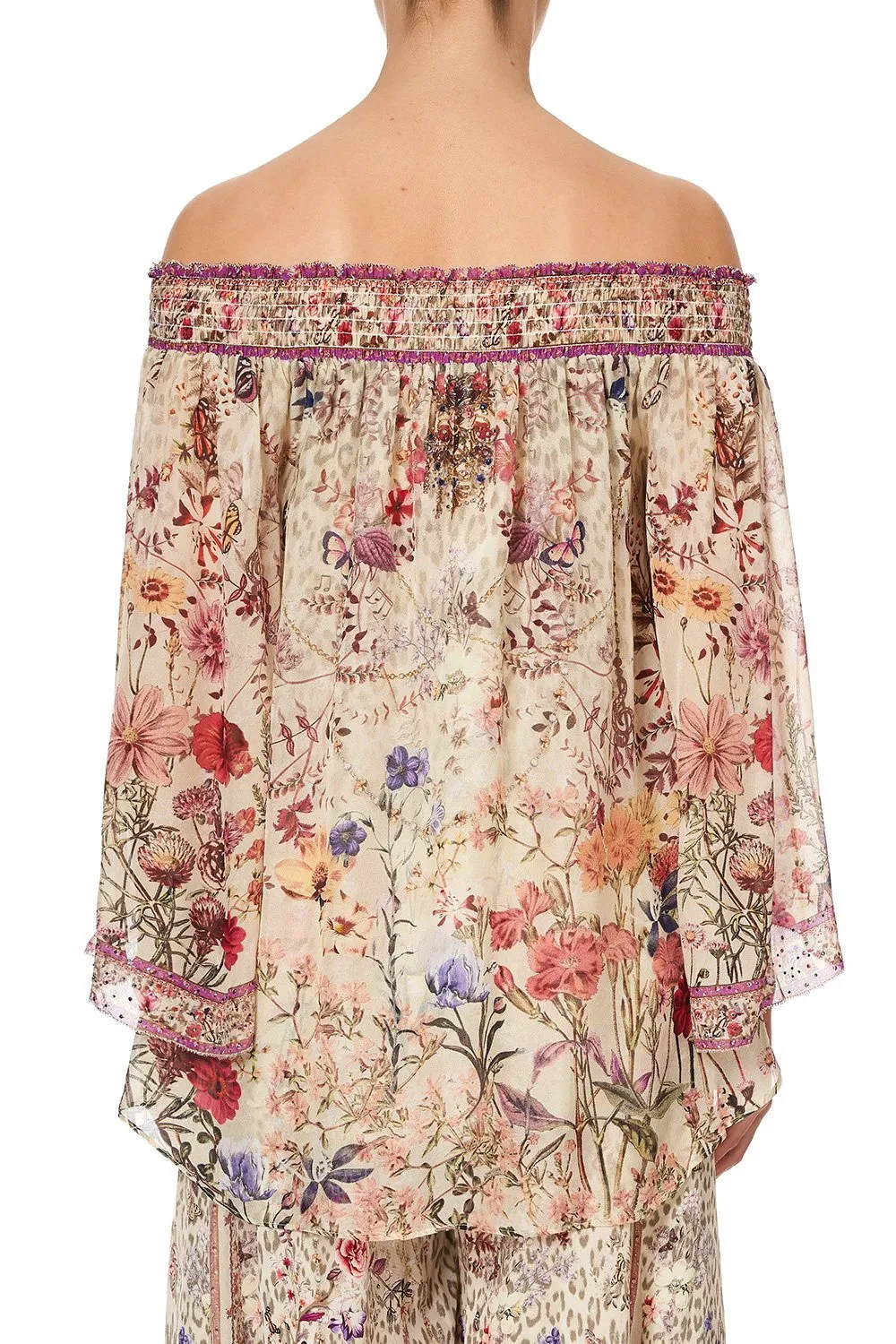 OFF SHOULDER SHIRRED BLOUSE DRIFTING DREAMER