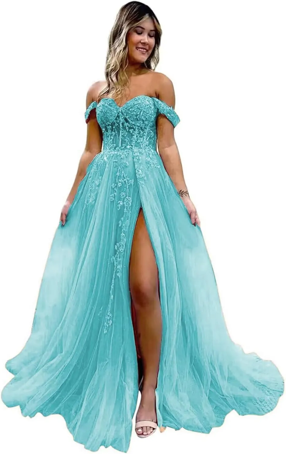 Off The Shoulder Tulle Prom Dresses with Slit Laces Applique Sweetheart Long Formal Evening Party Gowns