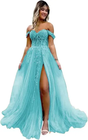 Off The Shoulder Tulle Prom Dresses with Slit Laces Applique Sweetheart Long Formal Evening Party Gowns