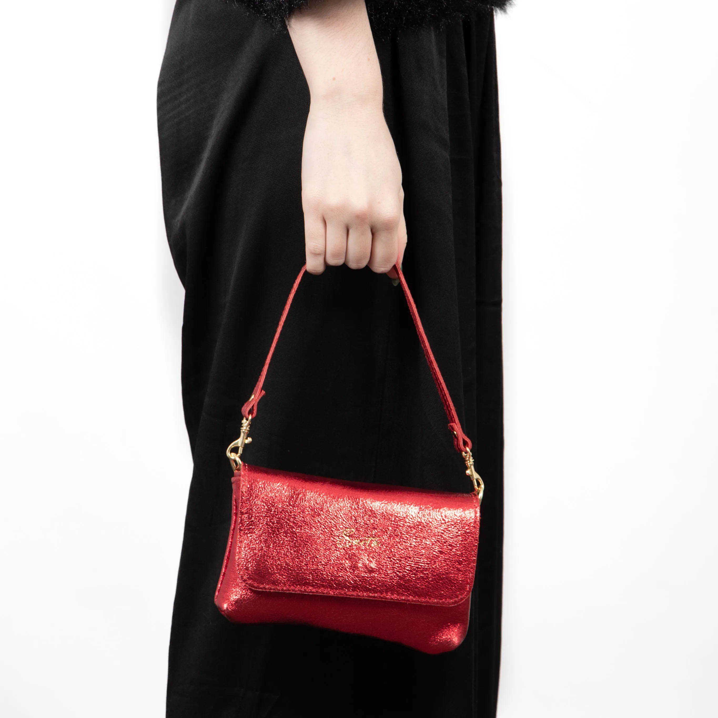 Olga Italian Leather Mini Crossbody Bag - Scarlet, Metallic