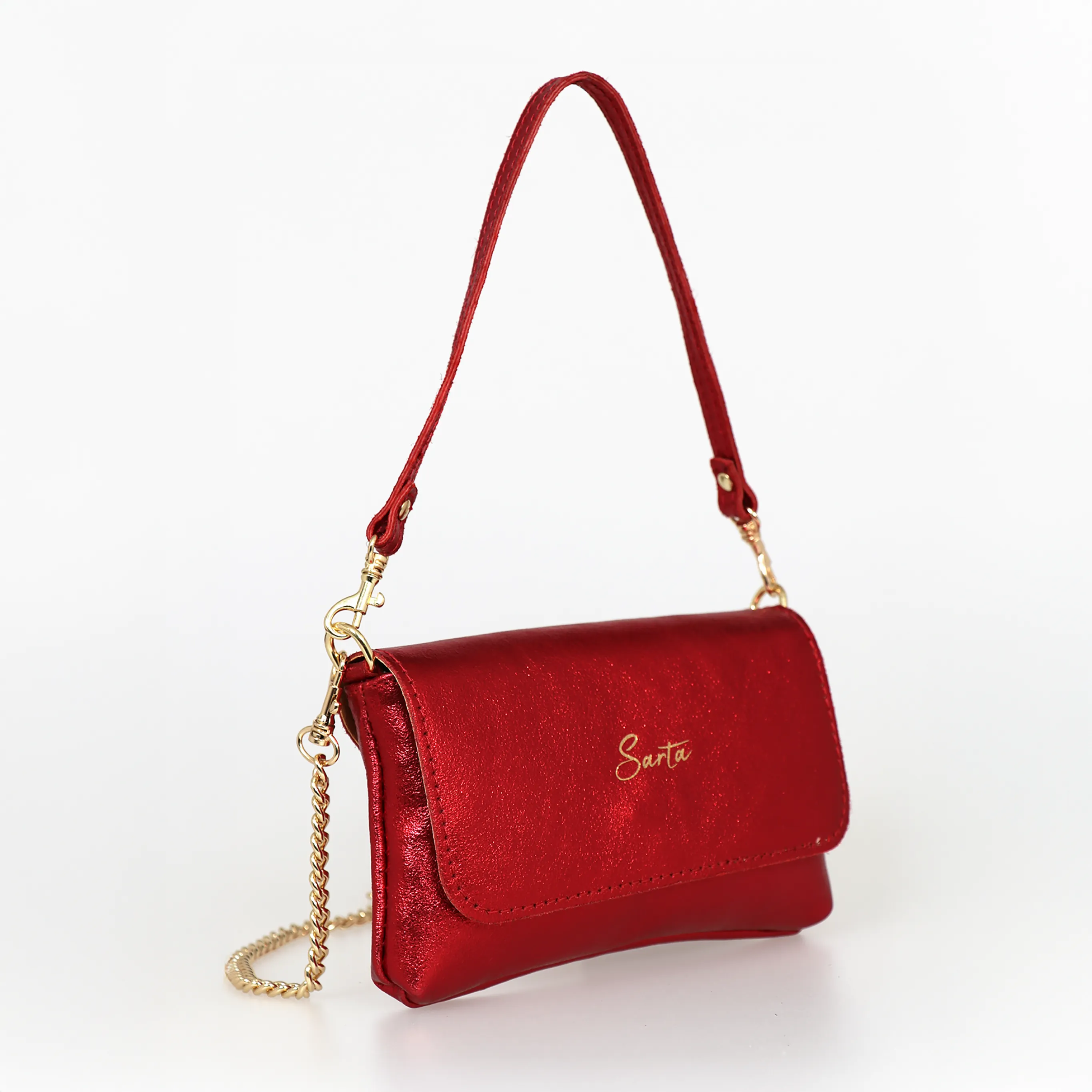 Olga Italian Leather Mini Crossbody Bag - Scarlet, Metallic