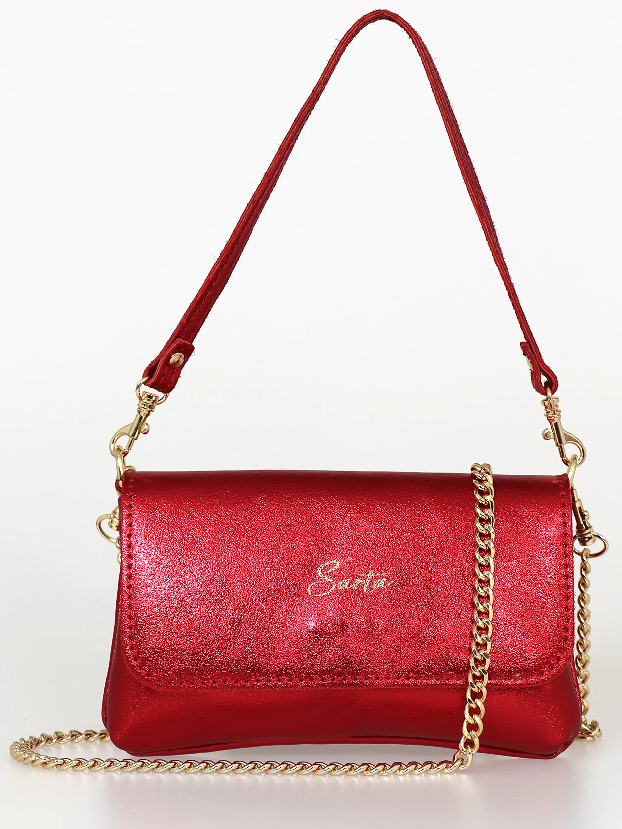 Olga Italian Leather Mini Crossbody Bag - Scarlet, Metallic