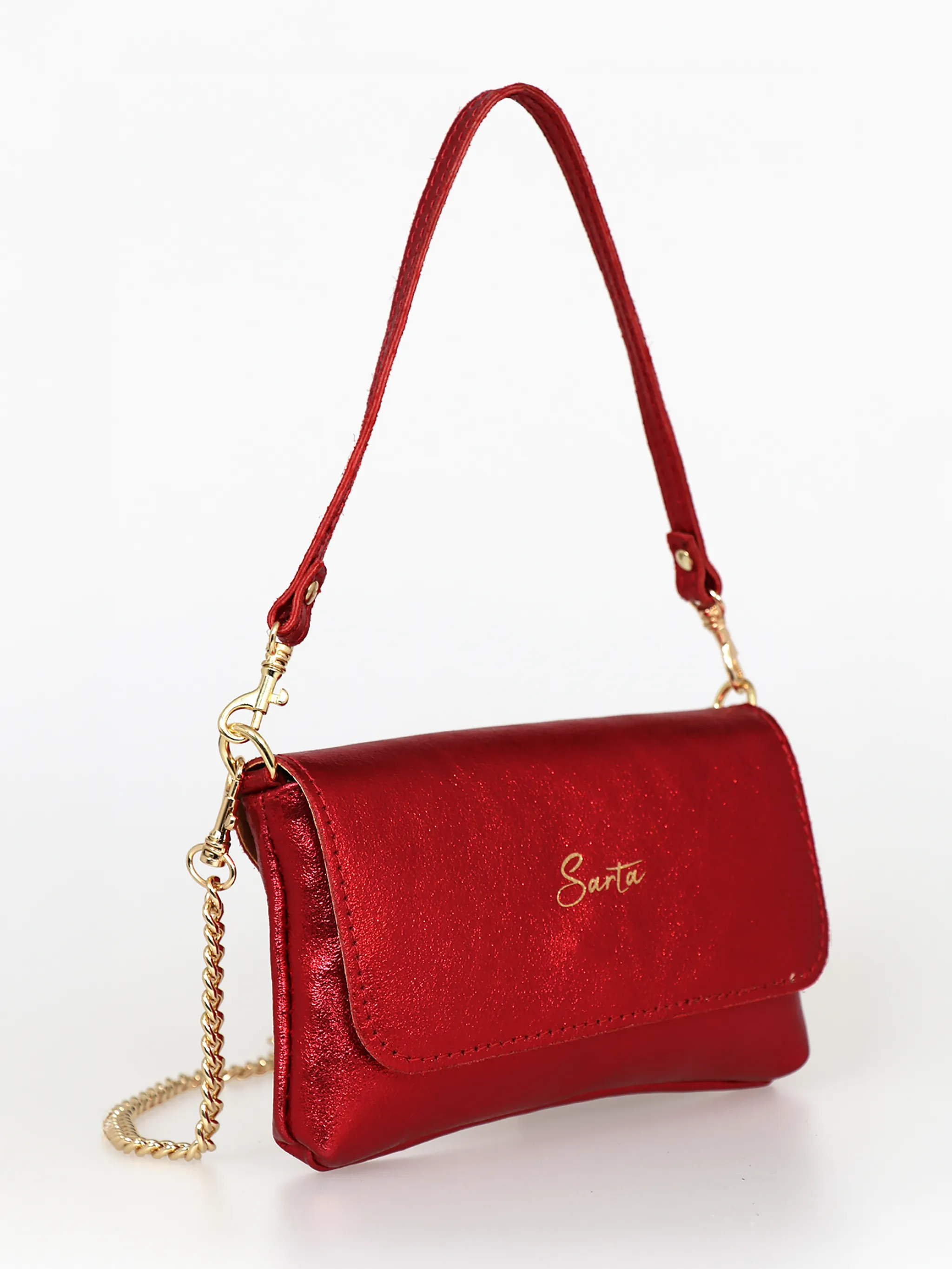 Olga Italian Leather Mini Crossbody Bag - Scarlet, Metallic