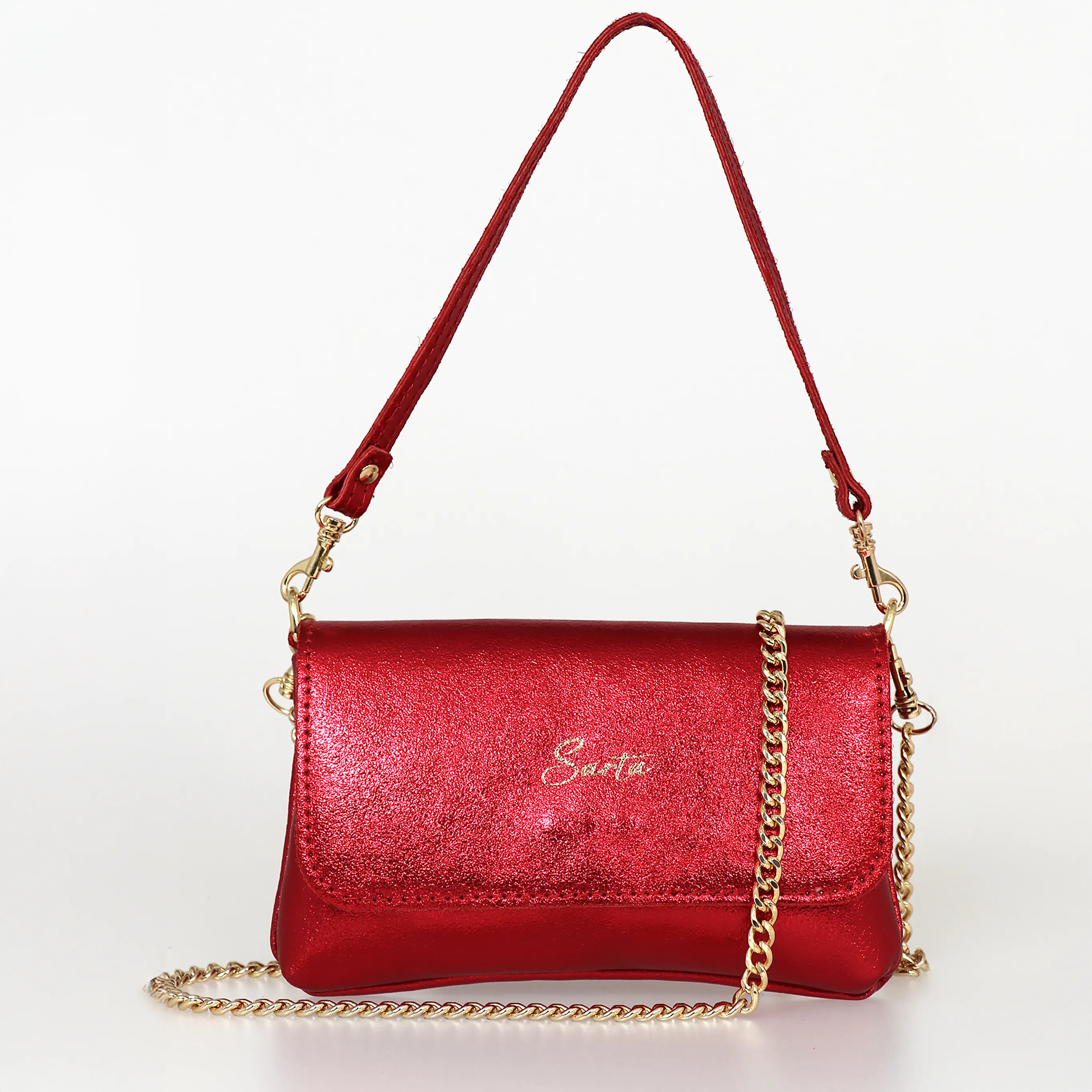 Olga Italian Leather Mini Crossbody Bag - Scarlet, Metallic