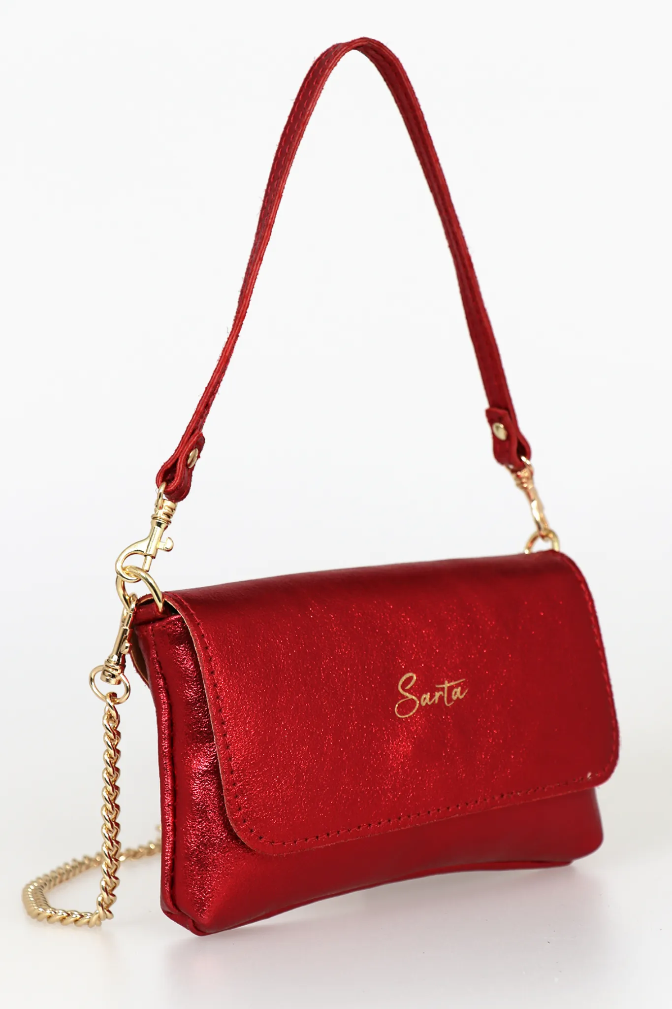 Olga Italian Leather Mini Crossbody Bag - Scarlet, Metallic