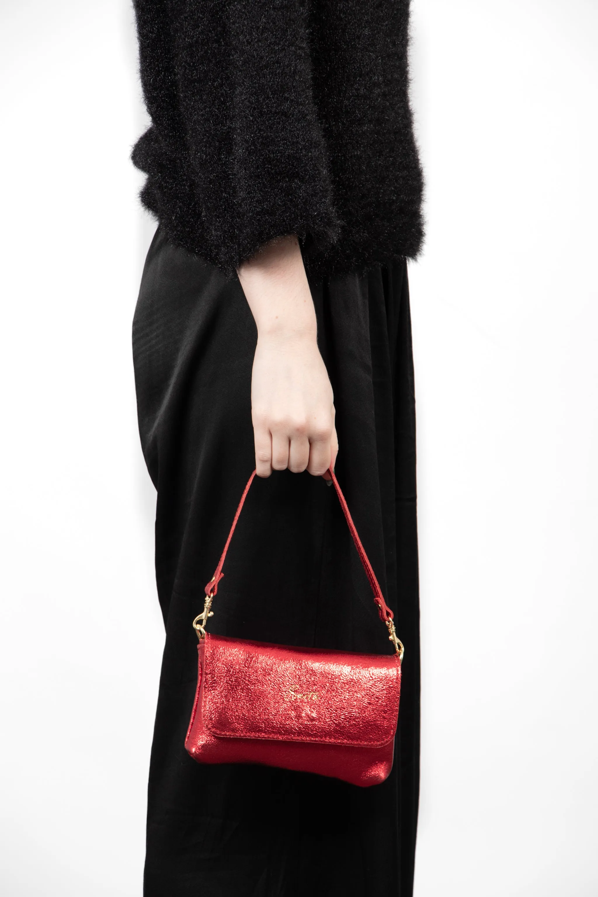 Olga Italian Leather Mini Crossbody Bag - Scarlet, Metallic