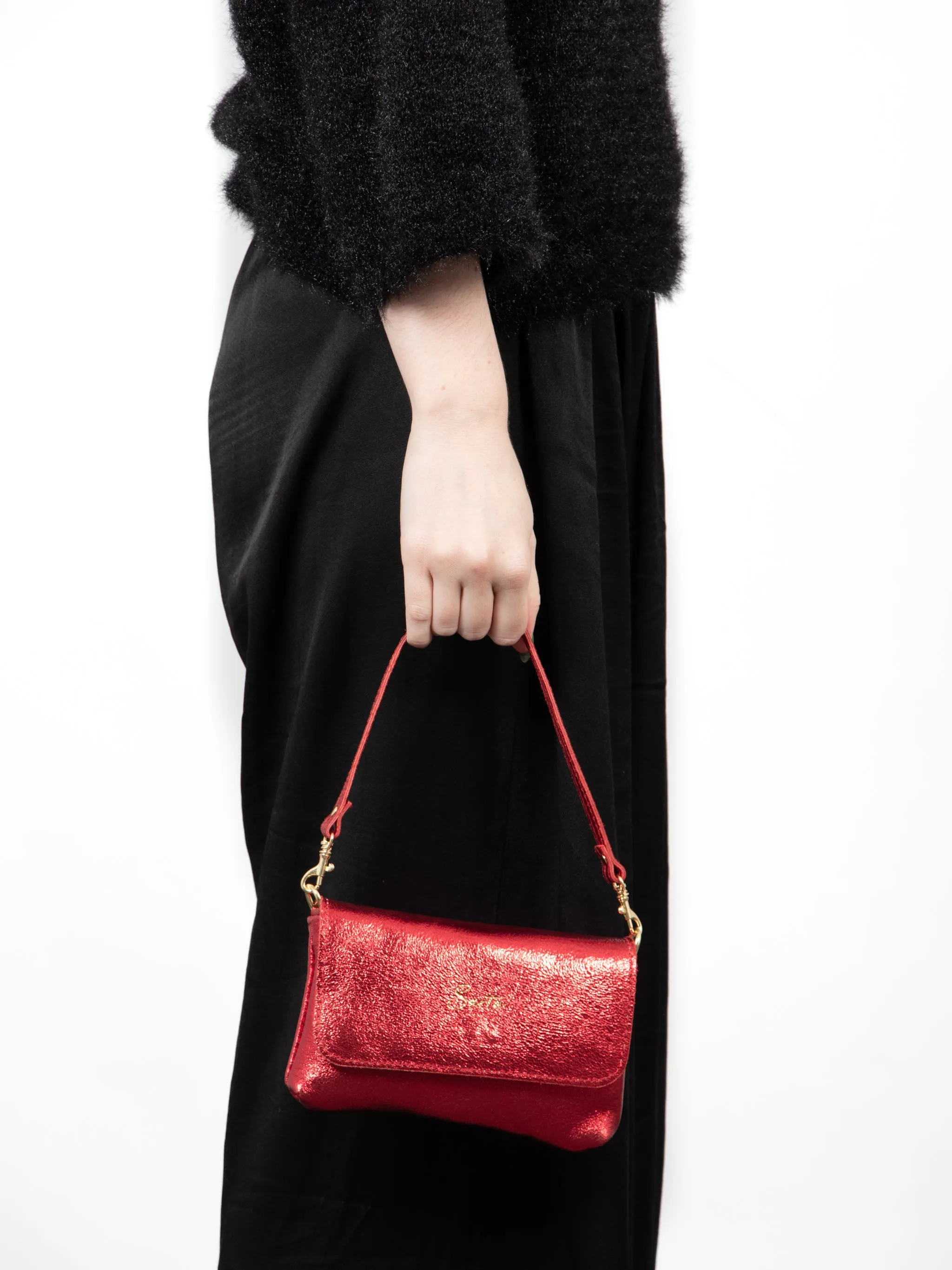 Olga Italian Leather Mini Crossbody Bag - Scarlet, Metallic