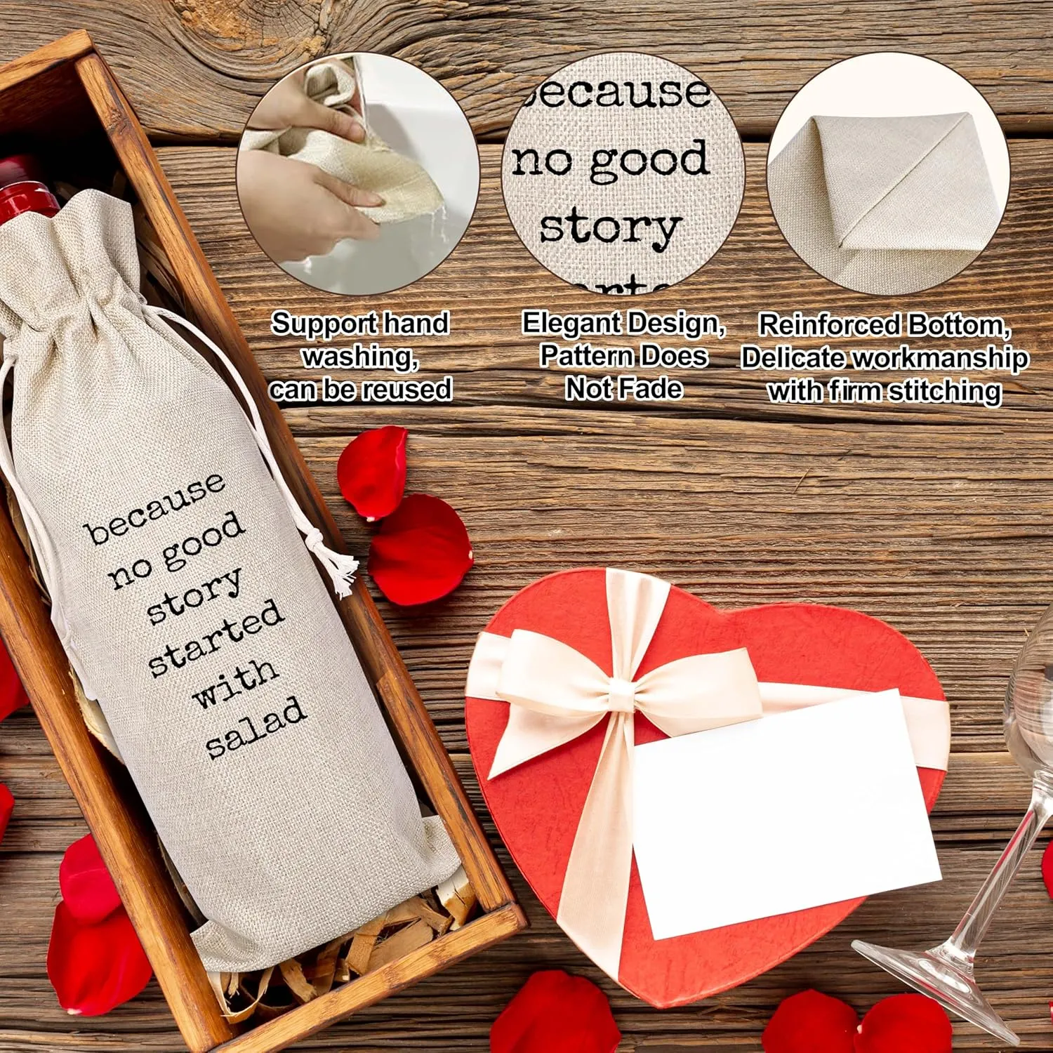 ONDTOM Wine Gift Bag, Birthday Retirement Gifts for Women Men, No Good Story Started with Salad Wine Bag, Reusable Wine Bags with Drawstring-A07