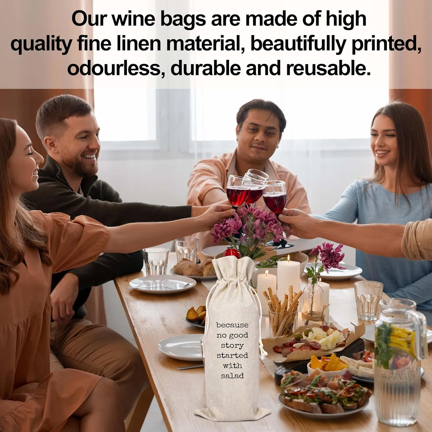 ONDTOM Wine Gift Bag, Birthday Retirement Gifts for Women Men, No Good Story Started with Salad Wine Bag, Reusable Wine Bags with Drawstring-A07