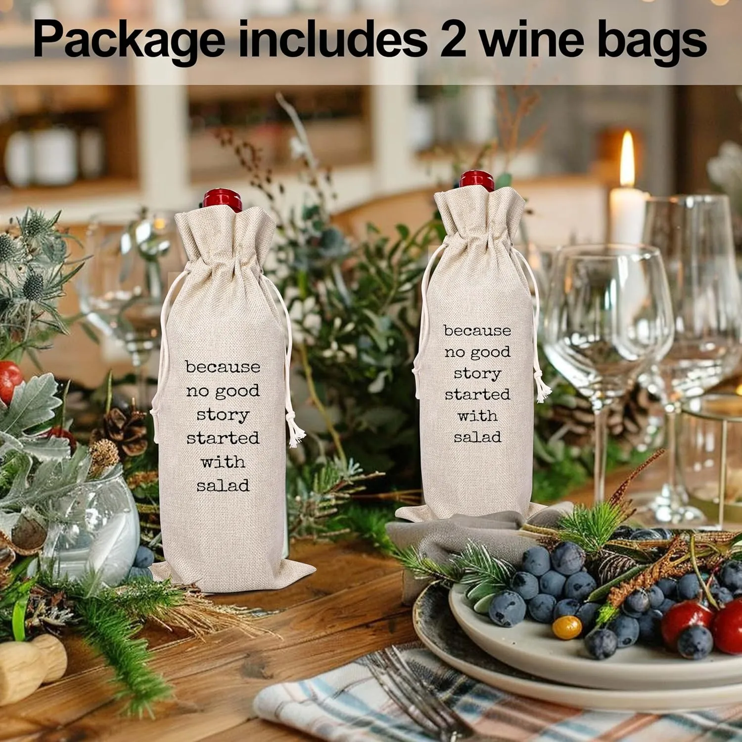 ONDTOM Wine Gift Bag, Birthday Retirement Gifts for Women Men, No Good Story Started with Salad Wine Bag, Reusable Wine Bags with Drawstring-A07