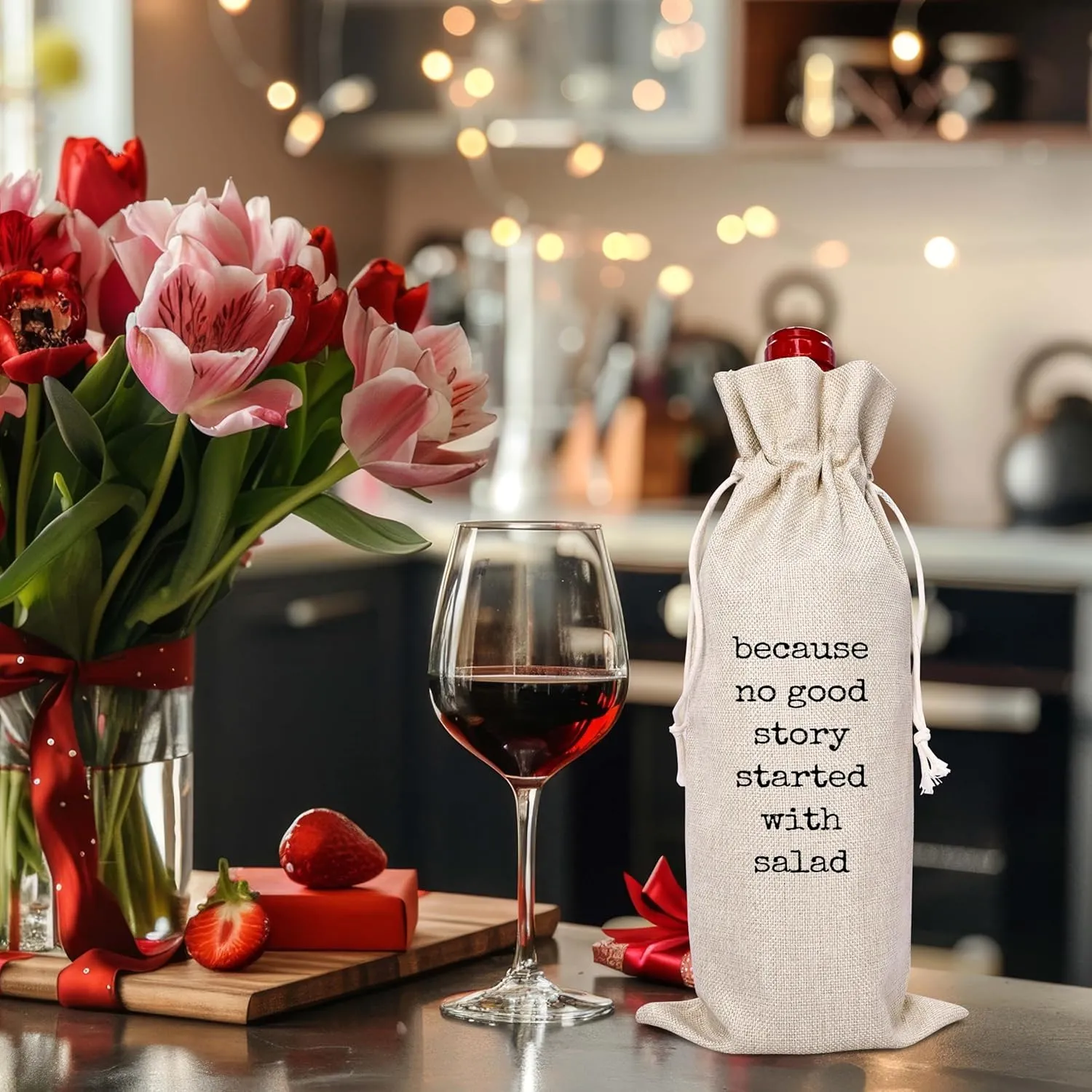 ONDTOM Wine Gift Bag, Birthday Retirement Gifts for Women Men, No Good Story Started with Salad Wine Bag, Reusable Wine Bags with Drawstring-A07