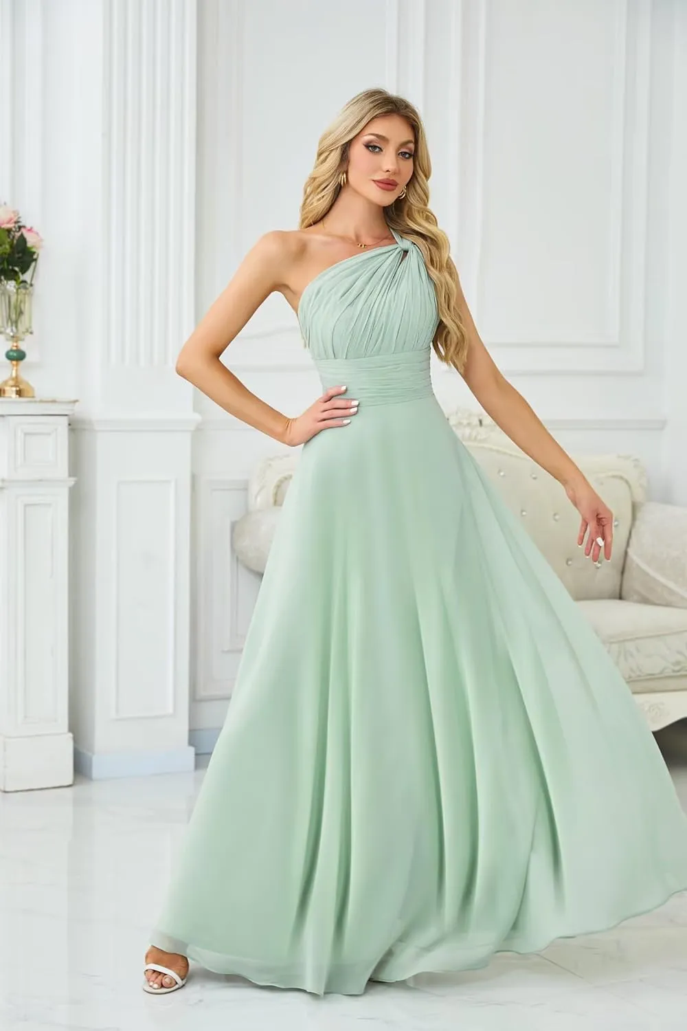 One Shoulder Bridesmaid Dresses for Wedding Chiffon Pleated A Line Long Formal Dress OE04