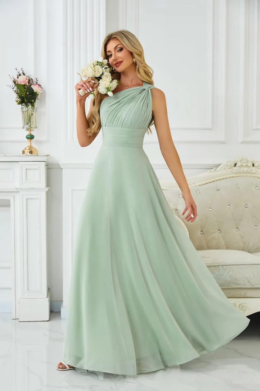 One Shoulder Bridesmaid Dresses for Wedding Chiffon Pleated A Line Long Formal Dress OE04