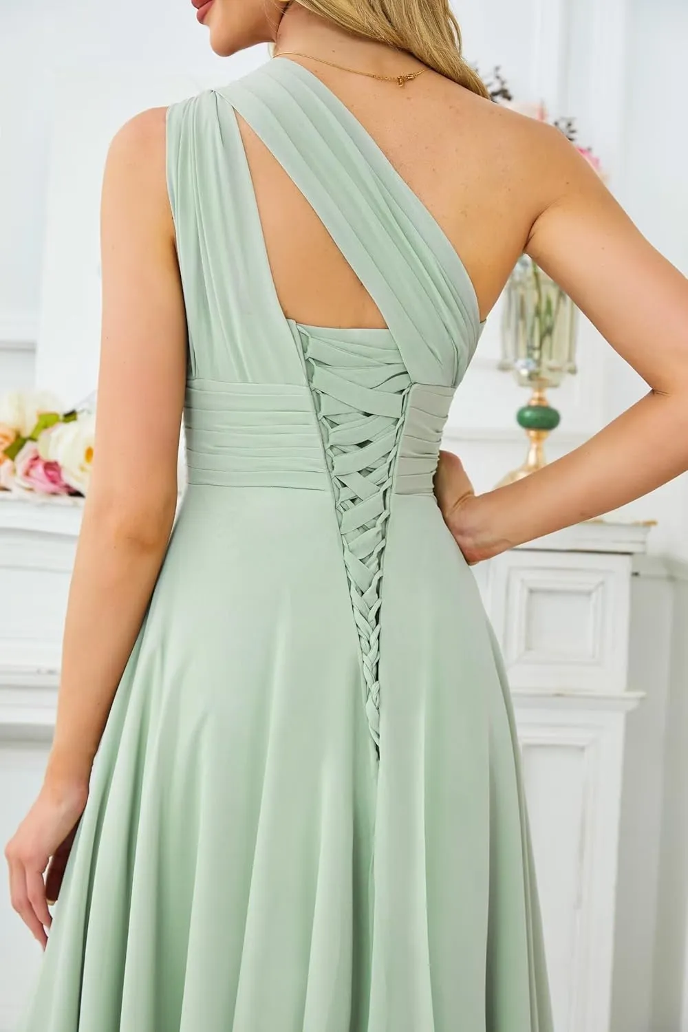 One Shoulder Bridesmaid Dresses for Wedding Chiffon Pleated A Line Long Formal Dress OE04