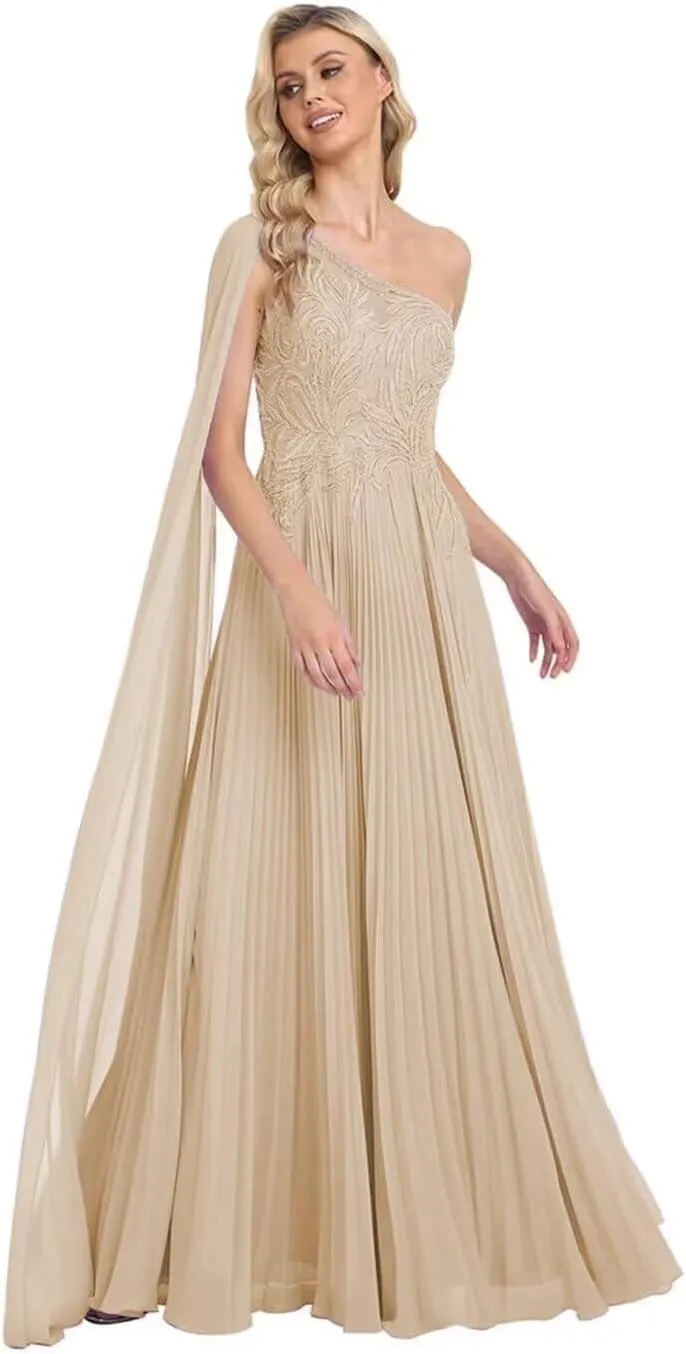One Shoulder Prom Dresses 2025 Lace Appliques Evening Dress Long Chiffon A-line Flowy Formal Dresses for Women