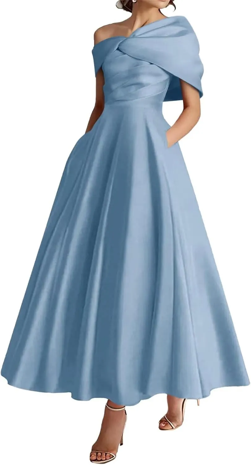 One Shoulder Satin Mother of The Bride Dresses for Women 2025 Tea Length A-Line Ruffle Formal Prom Evening Gowns