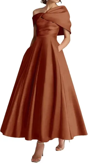 One Shoulder Satin Mother of The Bride Dresses for Women 2025 Tea Length A-Line Ruffle Formal Prom Evening Gowns