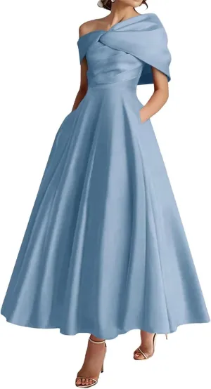 One Shoulder Satin Mother of The Bride Dresses for Women 2025 Tea Length A-Line Ruffle Formal Prom Evening Gowns