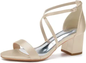 Open Toe Satin Block Heels Wedding Shoes for Bride Low Heels Criss Cross Straps Bridal Shoes Ankle Strap Prom Party Dress Shoes for Women