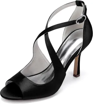 Open Toe Wedding Bridal Shoes Adjustable Ankle Strap Buckle Cross Sandals Stilettoheel Strappy Business Dressy Shoes Party Satin Pumps