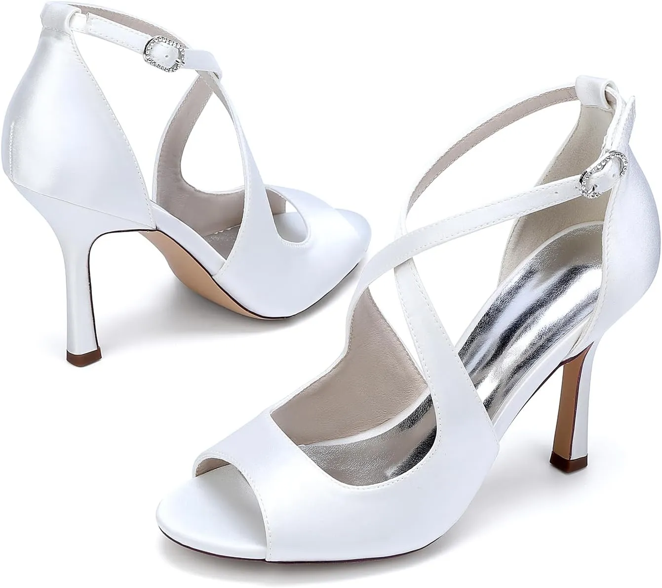 Open Toe Wedding Bridal Shoes Adjustable Ankle Strap Buckle Cross Sandals Stilettoheel Strappy Business Dressy Shoes Party Satin Pumps