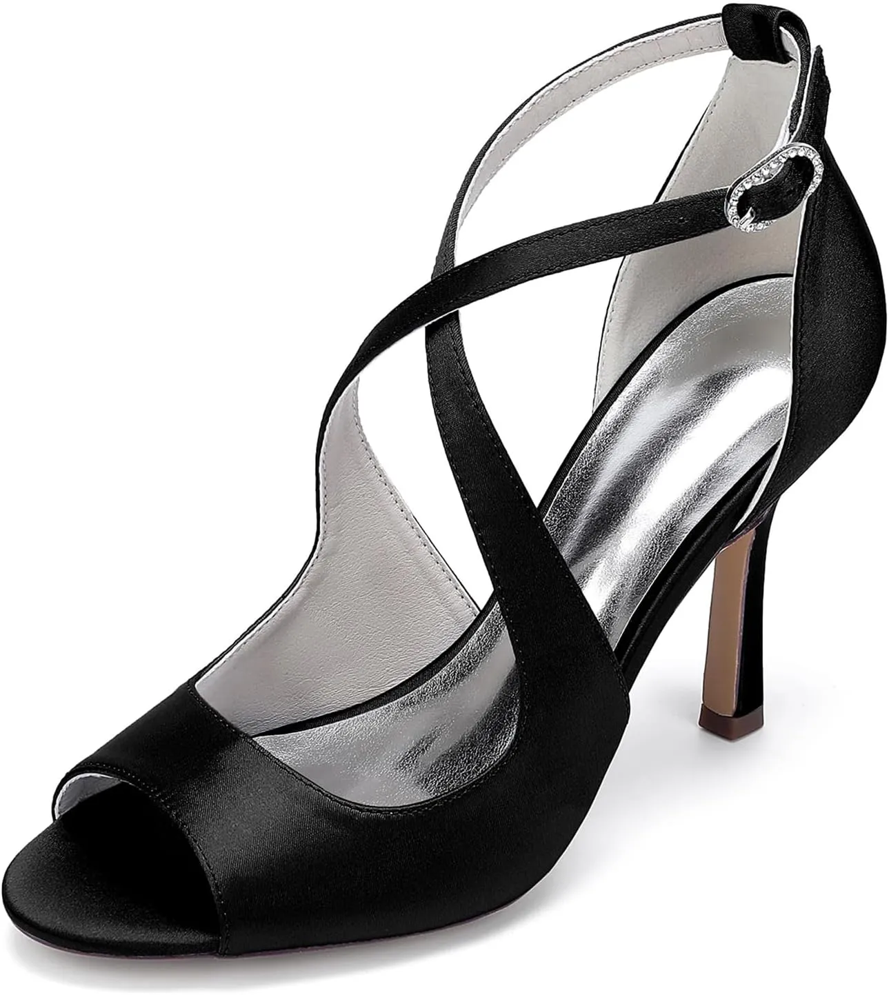 Open Toe Wedding Bridal Shoes Adjustable Ankle Strap Buckle Cross Sandals Stilettoheel Strappy Business Dressy Shoes Party Satin Pumps