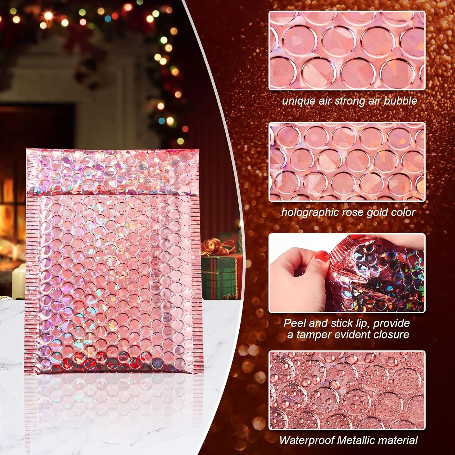 Outus 50 Pieces Metallic Padded Bubble Mailers Delivery Poly Mailers Foil Glitter Padded Envelopes Adhesive Seal Closure Envelopes Delivery Bags for Mailing Packing (Glitter Rose Gold)