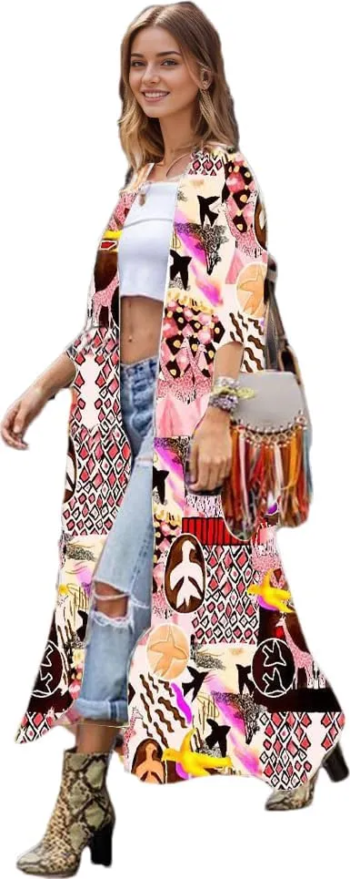 Over Sized Kimonos Women's Geometry Print Rayon Kimonos for Summer Loose Open Front Soft Long Bird