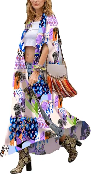 Over Sized Kimonos Women's Geometry Print Rayon Kimonos for Summer Loose Open Front Soft Long Bird