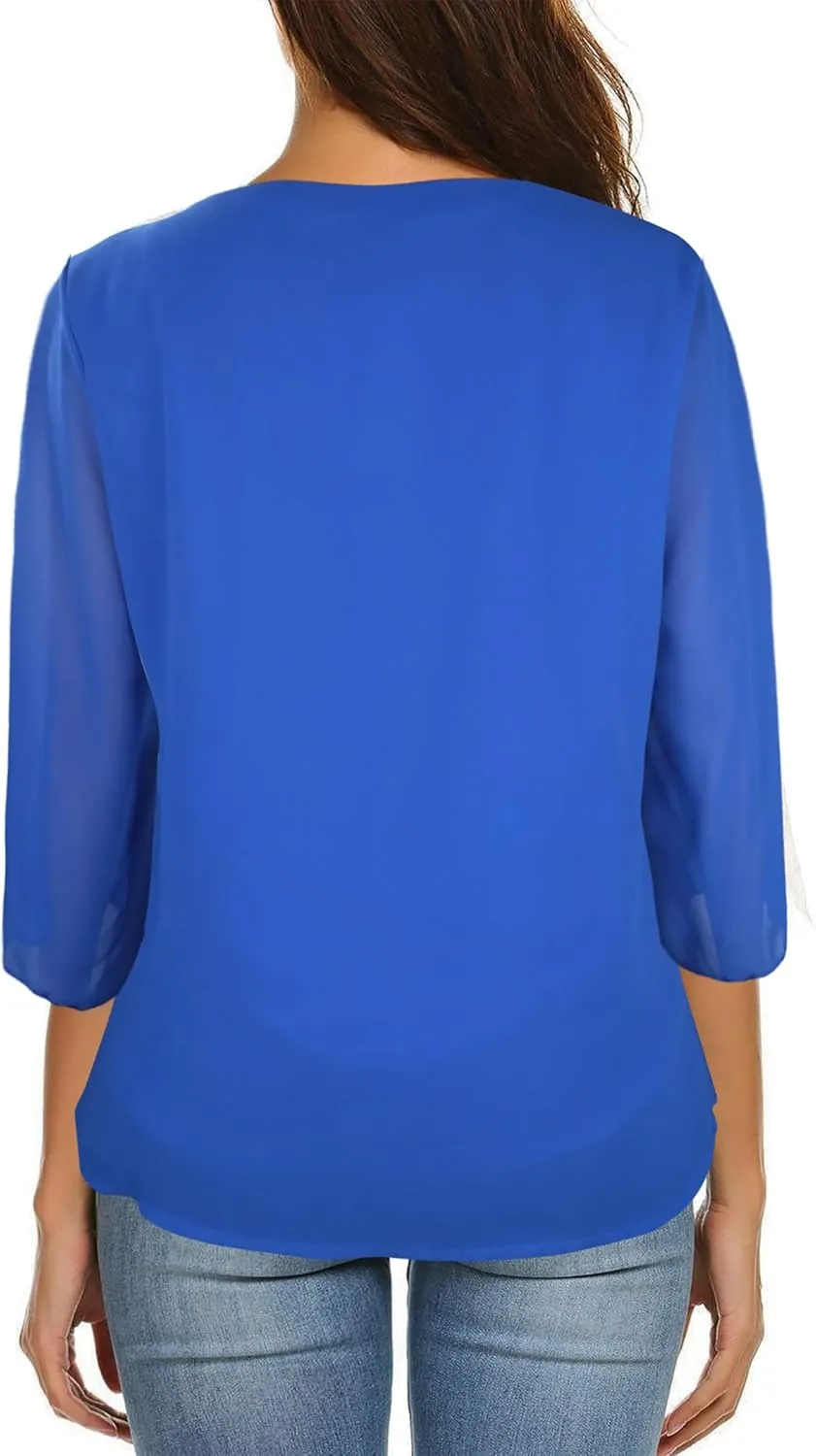 Oyamiki Womens Half Sleeve Layered Flowy Chiffon Blouses Round Neck Shirts Tops