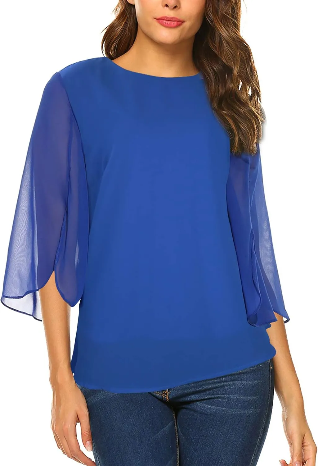 Oyamiki Womens Half Sleeve Layered Flowy Chiffon Blouses Round Neck Shirts Tops