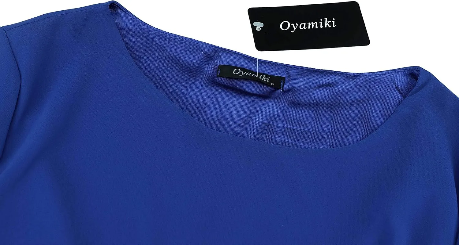 Oyamiki Womens Half Sleeve Layered Flowy Chiffon Blouses Round Neck Shirts Tops