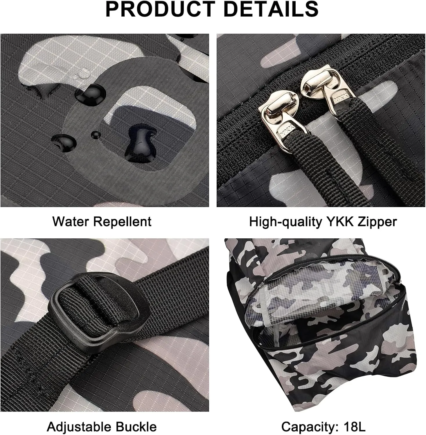 Packable Hiking Backpack 18L Lightweight Back Pack Outdoor Floral Travel Daypack for Women Grey Print