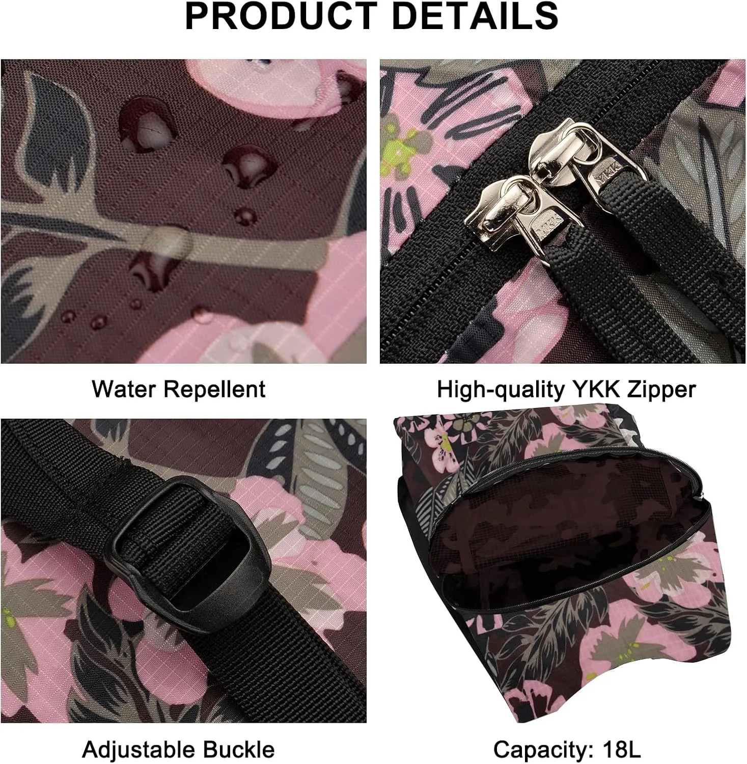 Packable Hiking Backpack 18L Lightweight Back Pack Outdoor Floral Travel Daypack for Women Marroon Pink Print