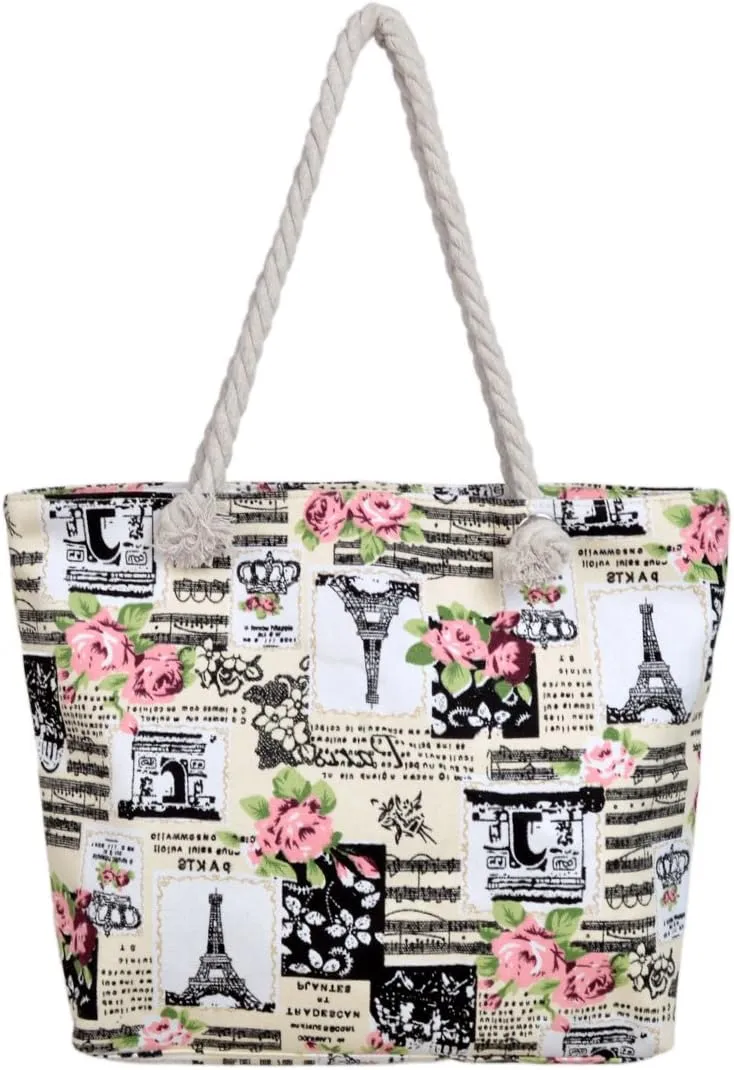Paris Eiffel Tower Music Notes Floral Print Canvas Tote Shoulder Bag Handbag