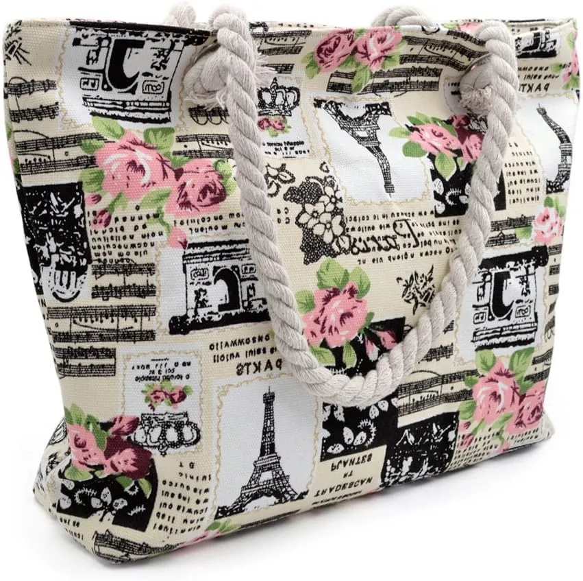 Paris Eiffel Tower Music Notes Floral Print Canvas Tote Shoulder Bag Handbag