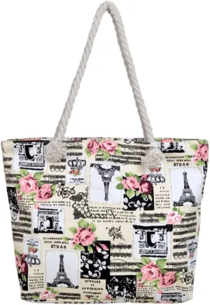 Paris Eiffel Tower Music Notes Floral Print Canvas Tote Shoulder Bag Handbag